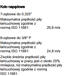 Przykładowe prędkości pił łańcuchowych