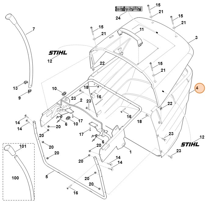 Dolna część kosza na trawę, Stihl 61607039601