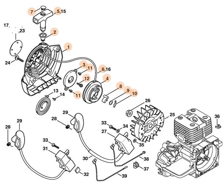 Obudowa wentylatora z urządzeniem rozruchowym, Stihl 41340802101