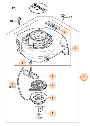 Obudowa wentylatora z urządzeniem rozruchowym, Stihl 42370802113