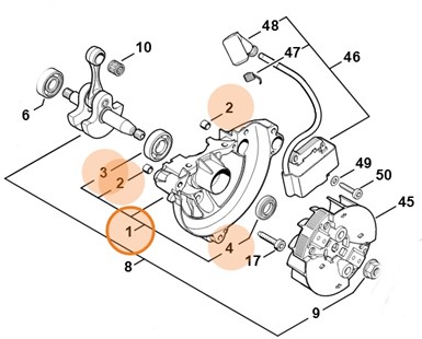 Połówka skrzyni korbowej, strona wentylatora, Stihl 41490202601